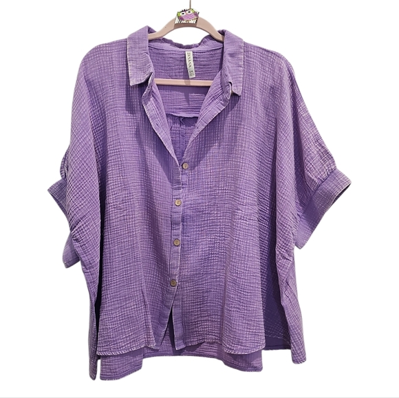New Zenana Purple Gauze Button Up Top Size L XL - Picture 2 of 3